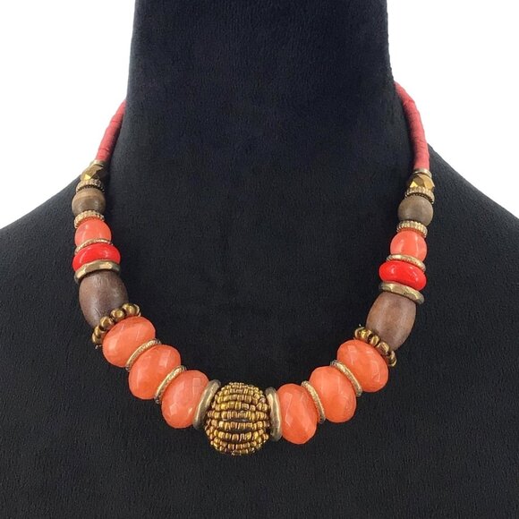 Chunky Statement Necklace Boho Beaded Coral Gold Tone Brown Adjustable Length - Picture 1 of 2